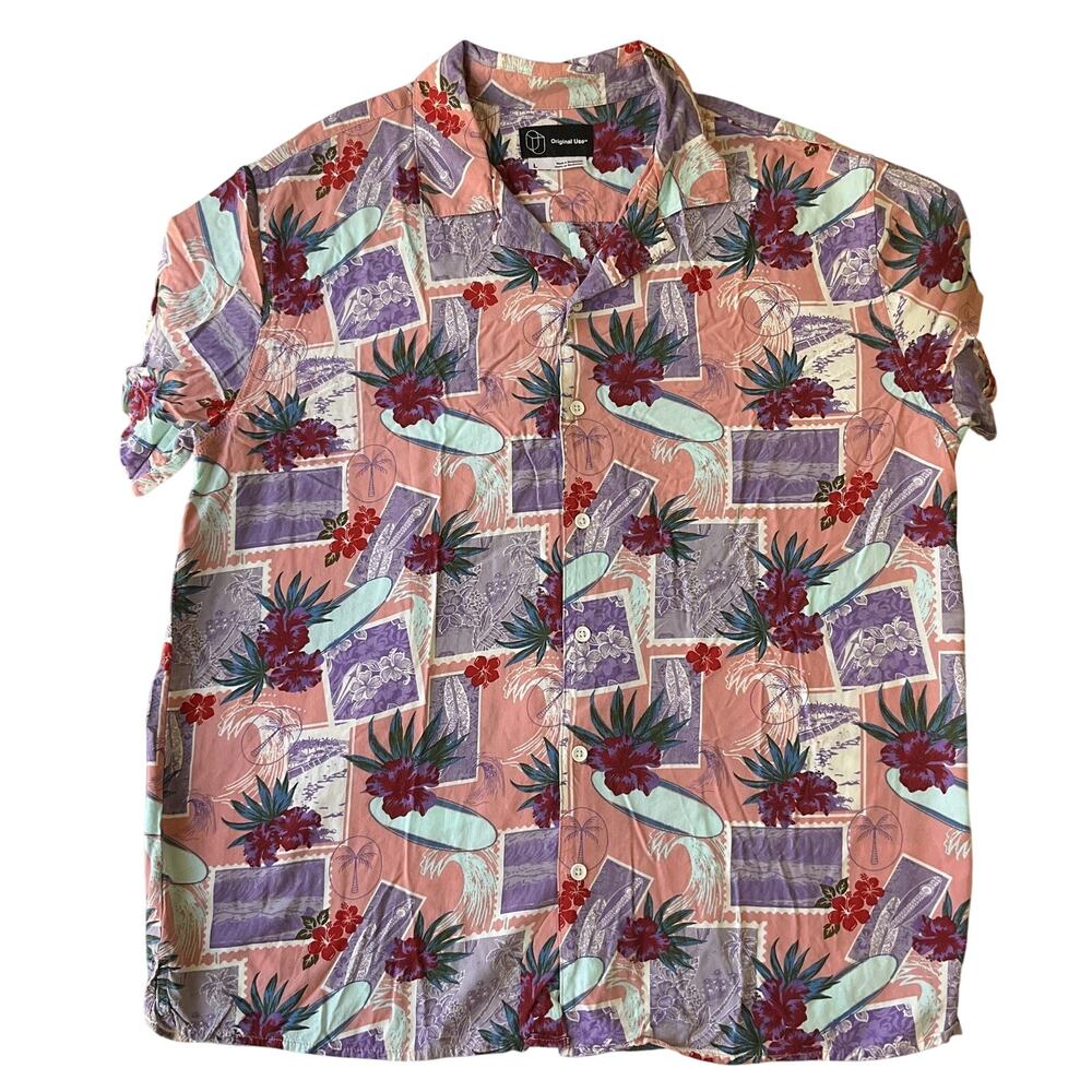 Original Use Men Button Up Shirt L Pink Floral Hawaiian Shirt Surf Hibiscus